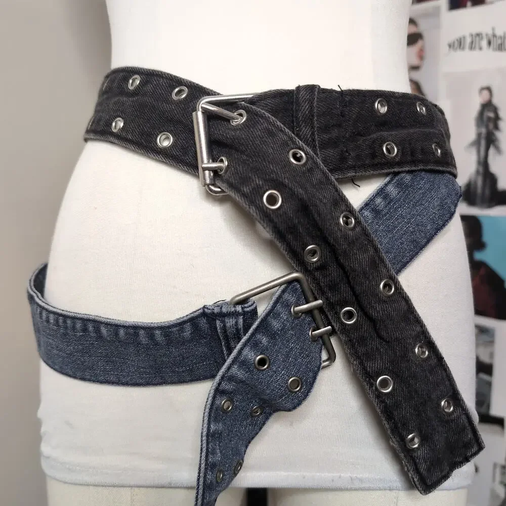 Denim Grommet Double Belt Set